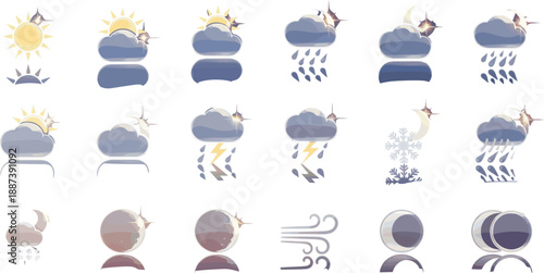 Modern minimal weather forecast icon set featuring sun clouds rain snow wind fog moon conditions