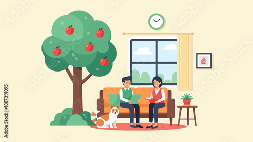 People and dog relaxing indoors with an apple tree visible outside