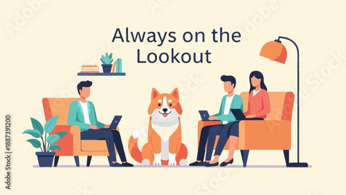 People and dog working on laptops in a cozy living room