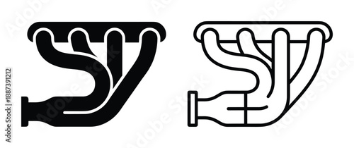Exhaust manifold icon, automotive engine part vector illustration, in black fill and outline styles