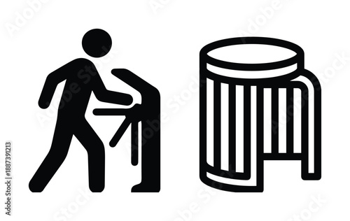 Entering turnstile icon illustration, man silhouette pushing through access barrier gate, shower curtain icon.