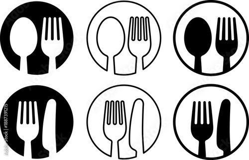 スプーン・フォーク・ナイフのカトラリーアイコン　レストラン・食事のシンボル　Cutlery Icon Set with Spoon Fork and Knife
