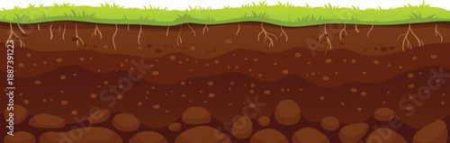 Cartoon illustration of soil layers with grass growing on top, roots visible underground, and stones at the bottom, representing a healthy ecosystem