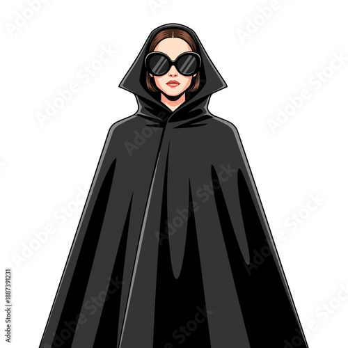 Mysterious Woman in Black Hooded Cape and Sunglasses