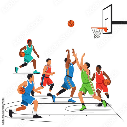 Basketball players compete on court, action shot, team sport, dynamic game