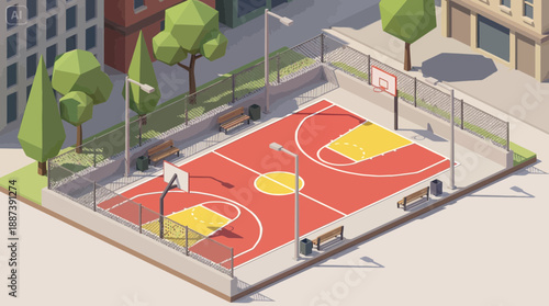 Low Poly Isometric Basketball Court in Urban Park Scene