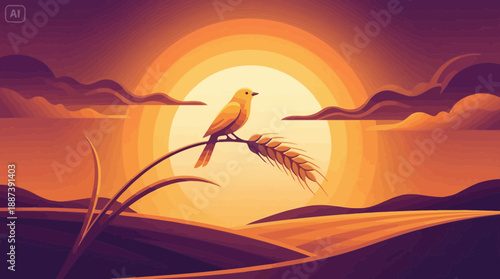 Sunrise Bird on Wheat Stalk Vector Illustration