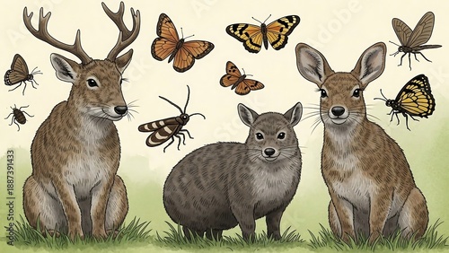 Deer and butterflies with small animal.