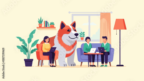 People and dog working together in a cozy living room setting