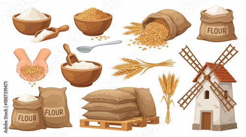 Wheat Grain and Flour Milling Elements Collection Illustration