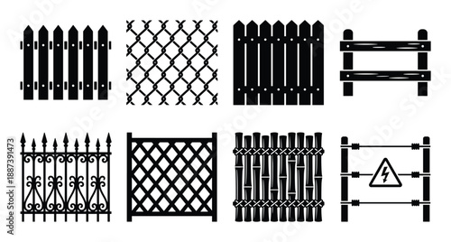 Fence silhouettes set, different fence styles, wooden, wire, bamboo, electric, decorative, wrought iron