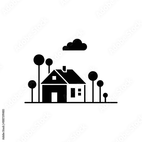 Minimalist House Icon with Trees and Cloud - Simple Vector Art