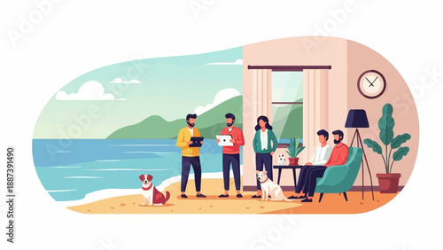 People and dogs at beach and home, discussing tablet, enjoying leisure time