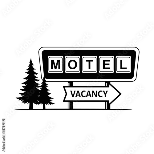 Retro motel sign with vacancy arrow and pine trees, black and white illustration.