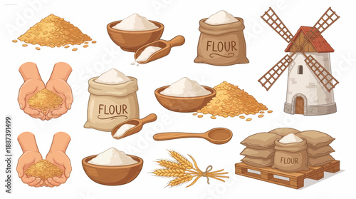 Wheat Grain and Flour Cartoon Icon Set