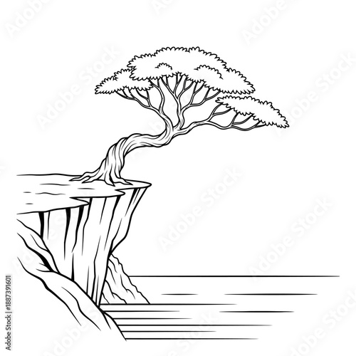 Lone windswept tree clinging to cliff edge over calm sea, black and white line art.
