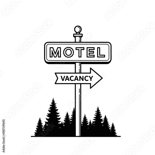 Motel Vacancy Sign with Arrow and Pine Trees Silhouette