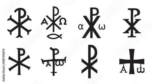 Christian symbols icons set. Glossy Chi Rho, Christogram, Chrismon, Labarum symbols set.