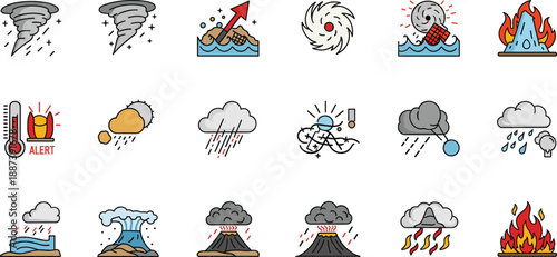 Natural disaster icons set featuring tornado hurricane wildfire volcanic eruption and flood emergency alert symbols for safety design.