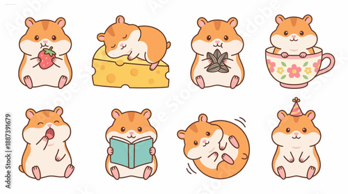 Cute Kawaii Hamster Sticker Set Vector Cartoon Illustration