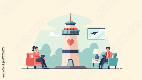 Minimalist illustration of a couple using laptops with a tower in background