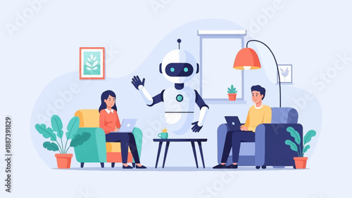 People and a robot in a modern living room, working on laptops