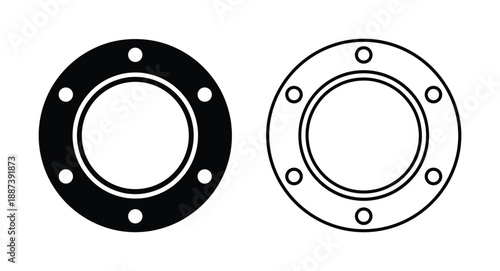 Flange vector illustration with bolt holes, isolated industrial metal pipe connection, engineering design outline.