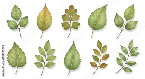 Watercolor Botanical Illustration Set of Various Green and Autumn Tree Leaves