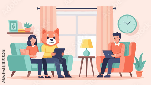 People and animal character sitting on couches using tablets and laptops