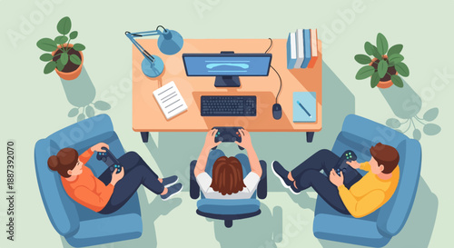 Overhead view of three friends playing video games together indoors