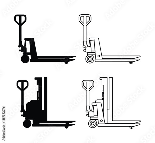 Forklift outline black silhouettes isolated on white background, warehouse equipment, machinery for lifting and moving heavy loads.