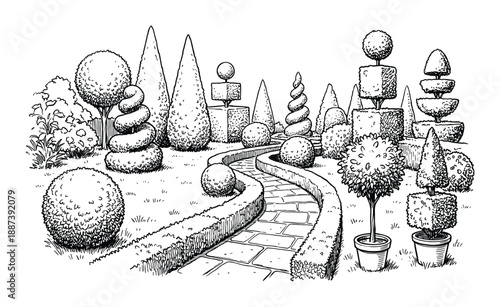 Formal garden drawing with topiary, bushes, stone path. Neat landscaping, geometrical shapes, horticulture in black and white