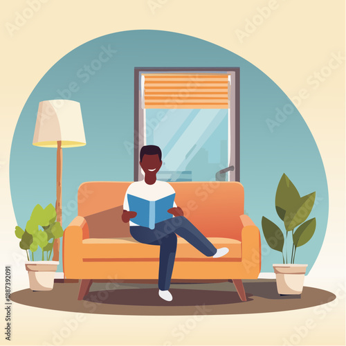 An illustration of a person engrossed in reading a book while seated on a comfortable couch, creating a relaxing ambiance. The illustration has other objects such as plants and lamps.