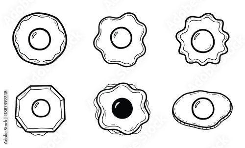 Fried eggs vector illustration set, different shapes of fried eggs, cooking and breakfast meal design elements