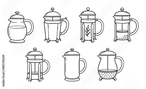 French press coffee makers vector illustration set with glass and metal designs