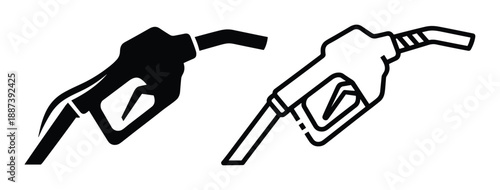 Gas pump nozzle vector icons in black and white line art style, fuel dispenser illustrations.