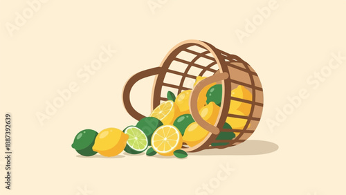 Overturned basket spills fresh lemons and limes onto a plain background