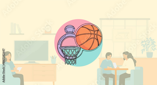 Minimalist interior scene with basketball icon, people interacting, and home decor