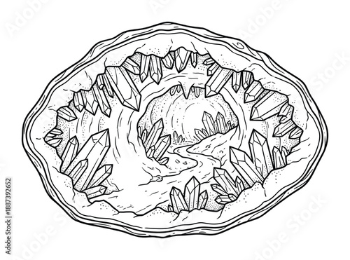 Geode section illustration with crystal formations and a stream running through the hollow interior.