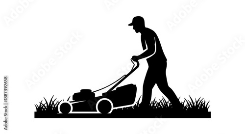 Man in silhouette pushing lawn mower through tall grass on a sunny day outdoors