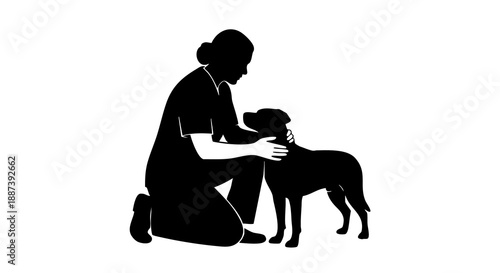 Woman kneeling down petting a dog in black silhouette on white background