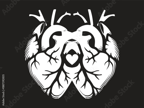 lung vector with black and white icon colors, in the middle a love symbol heart icon with a black background, square canvas shape