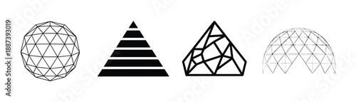 Geometric shapes collection, sphere, pyramid, triangular structure design and geodesic dome illustration