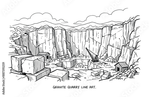 Granite quarry line art illustration. Open-pit granite mine with rock cliffs, blocks and equipment.