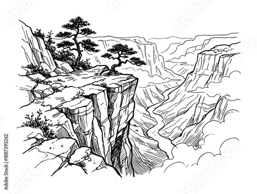 Grand Canyon drawing, cliff top with trees and scenic canyon vista landscape in monochrome illustration.