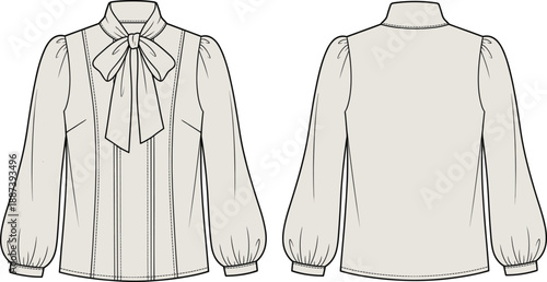 Women long sleeve bow tie blouse technical fashion illustration, front and back view, elegant high neck shirt flat vector design