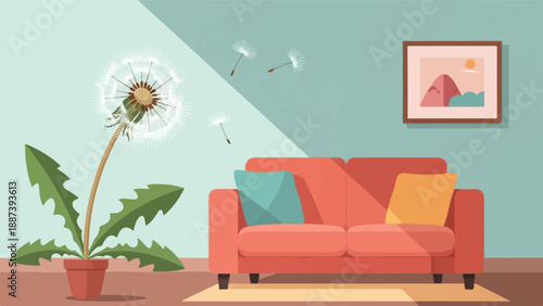 Minimalist living room with dandelion and abstract art