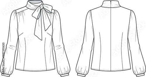Women bow tie blouse, fashion technical flat sketch, front and back view, elegant long sleeve apparel illustration, modern vector design