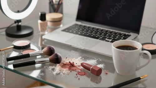 Makeup brushes lipstick and spilled powder on a glass desk next to a laptop and coffee