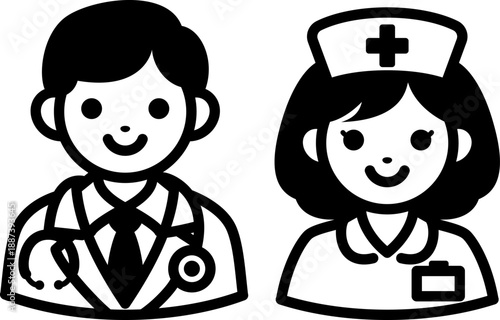 医師と看護師のアイコンセット 医療スタッフの人物イラスト モノクロ ベクター素材　Doctor and Nurse Icon Set Medical Staff Illustration Monochrome Vector
